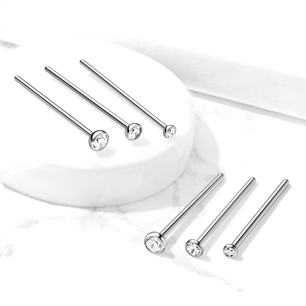 Fishtale nose stud made of titanium with bezel set stone