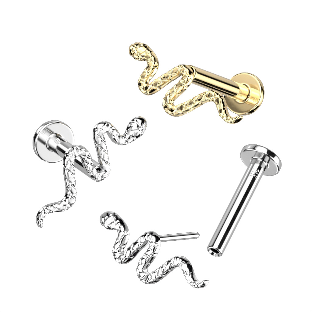 Push-in labret made of 14K gold with detailed snake