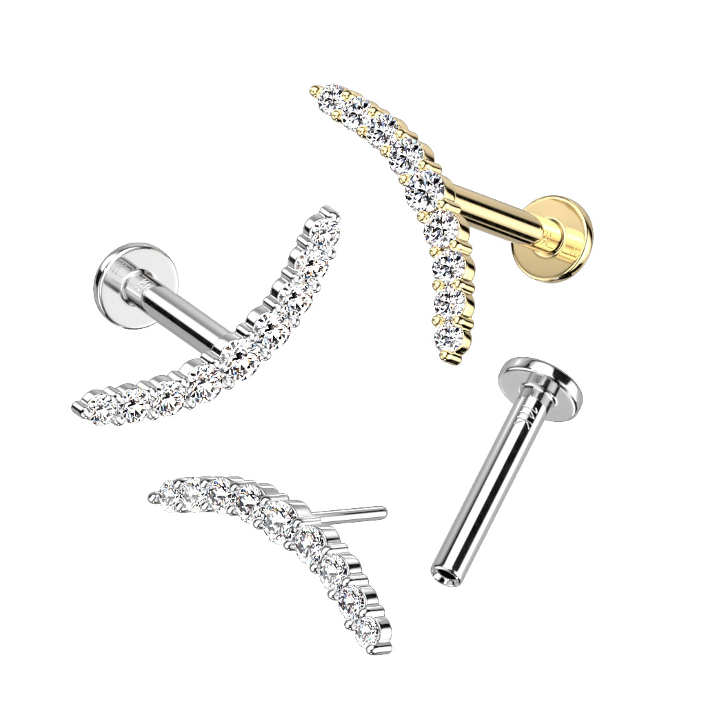 14K gold push-in labret with CZ stone arch