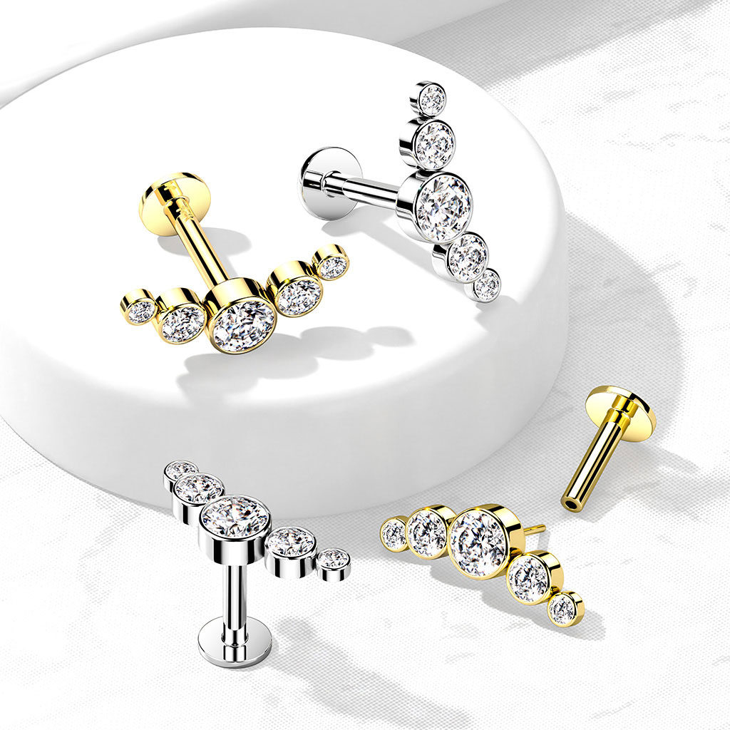 Push-in labret made of 14k gold with 5 round bezel set CZ