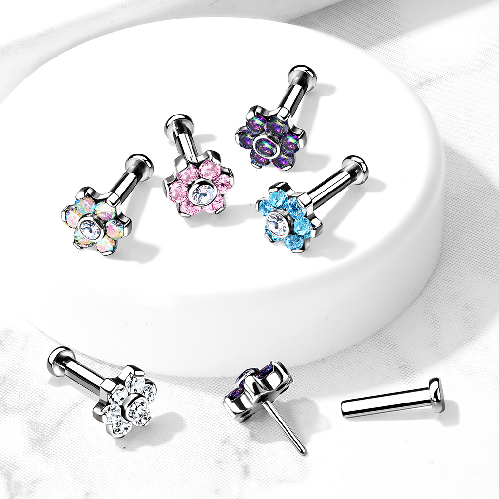 Push-in titanium labret with a flower made of stone