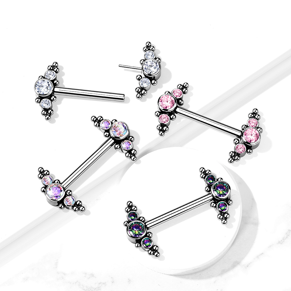 Titanium nipple piercing with threadless cluster ends