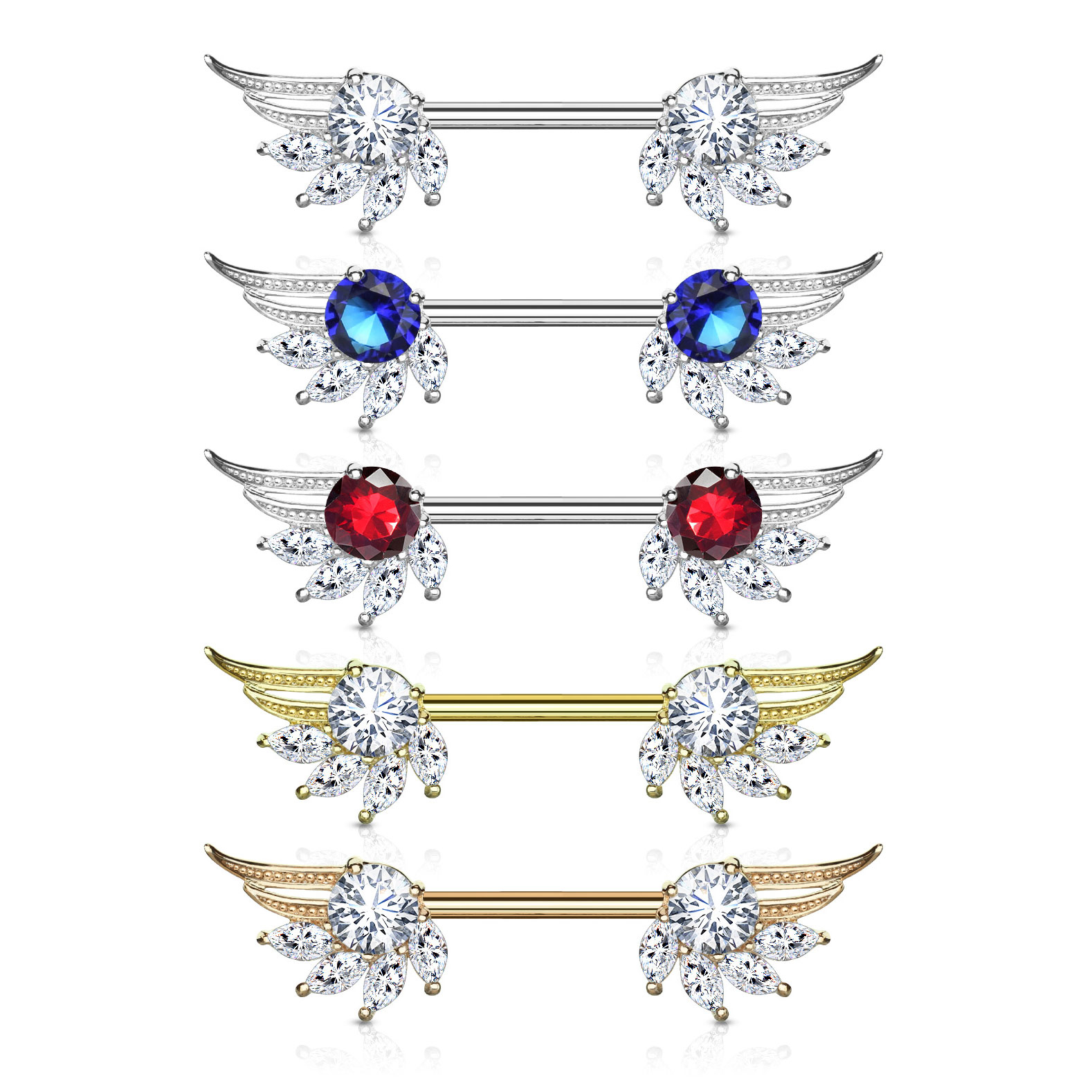 Nipple barbell with angel wings and marquise shaped stones