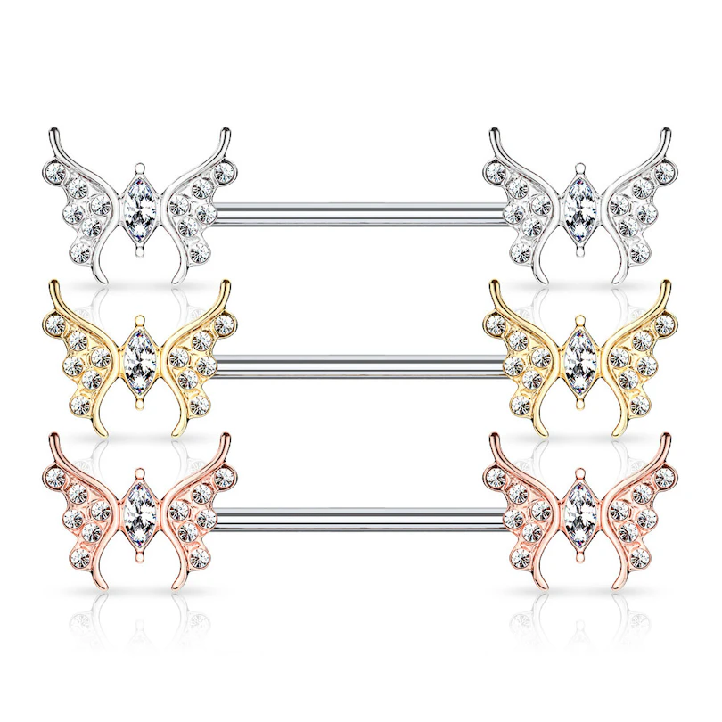 Nipple barbell with butterflies and gemstones