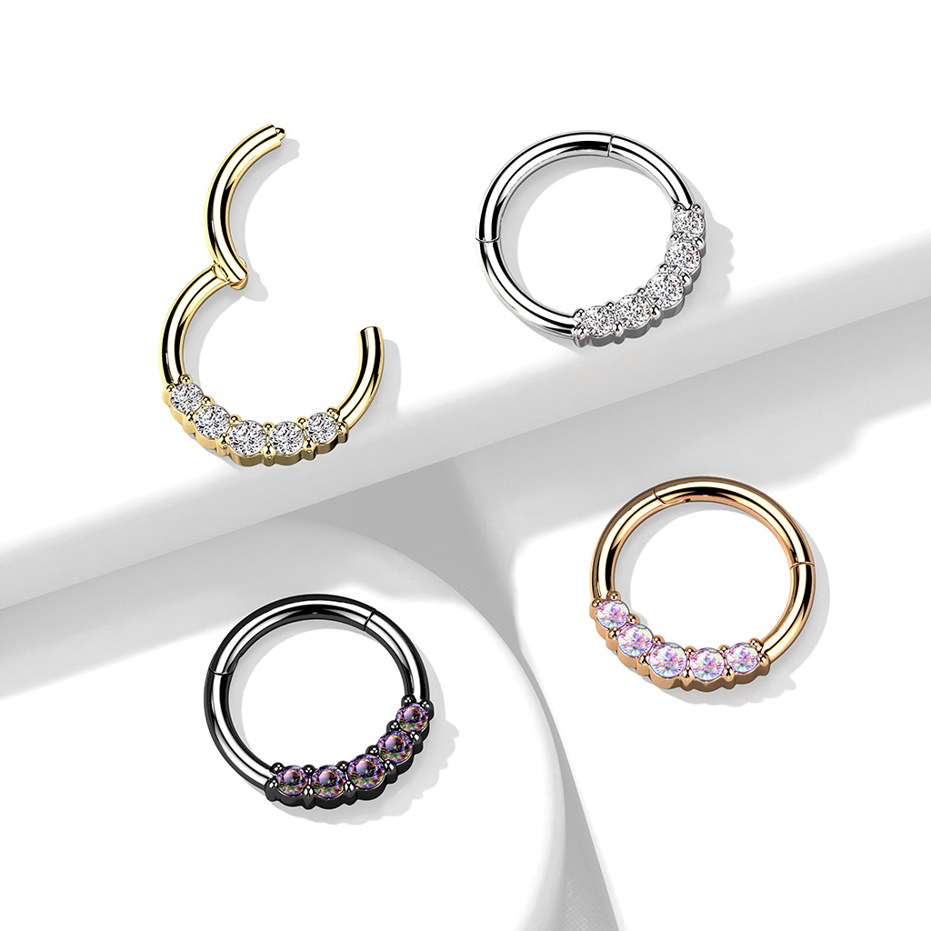 Hinged ring made of surgical steel with five gemstones