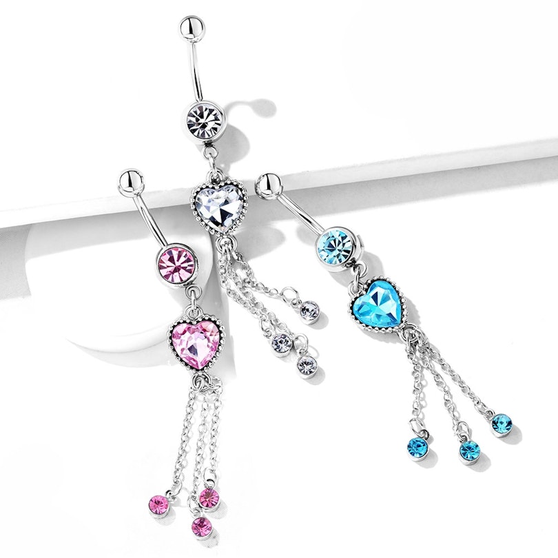 Belly button ring with heart-shaped gem and chains