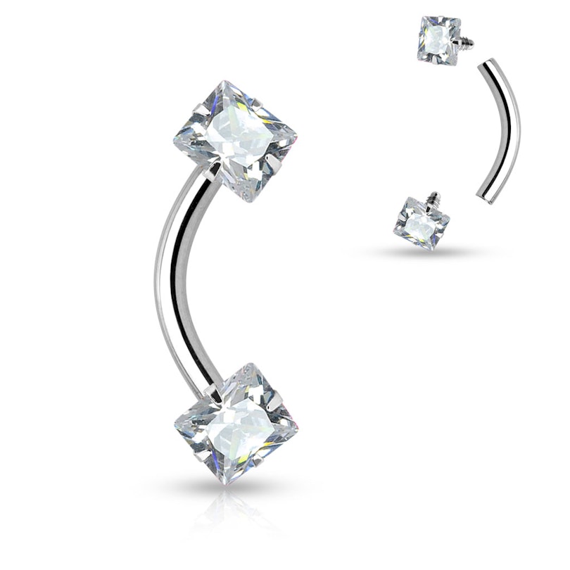 Curved barbell internally threaded with square gems