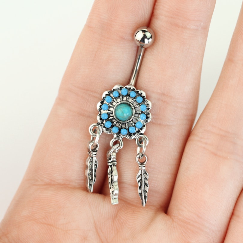 Belly button ring with turquoise dreamcatcher