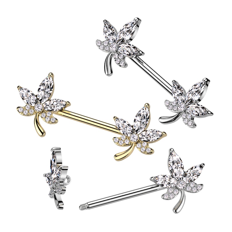 Nipple barbell with sparkling covered stones leaf ends