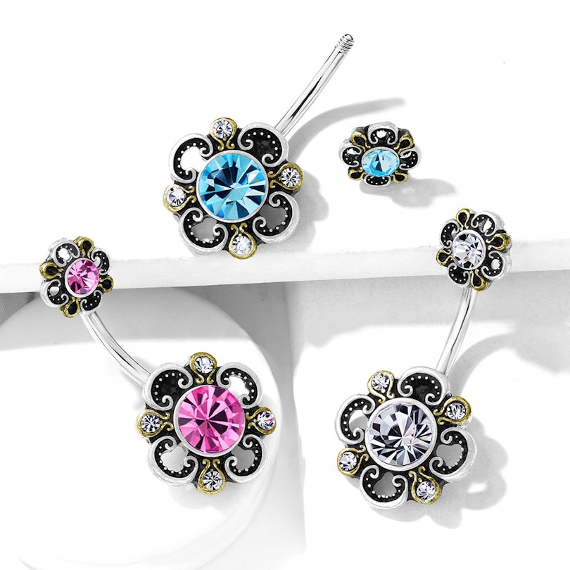 Belly button ring with filigree flower of hollow studded leaves