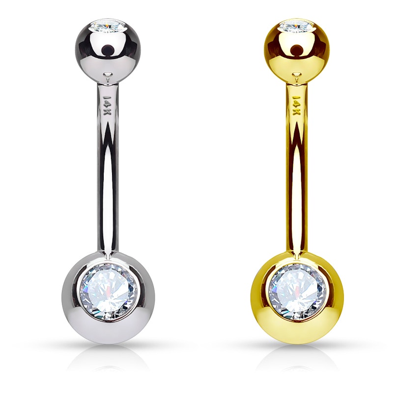 Belly button ring made of 14k gold with bezel-set crystal gem